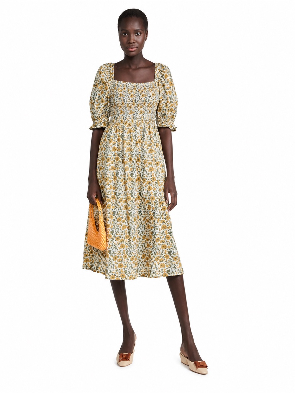 Anthropologie RAHI quilted floral dress 0734 midi puff sleeve pockets medium